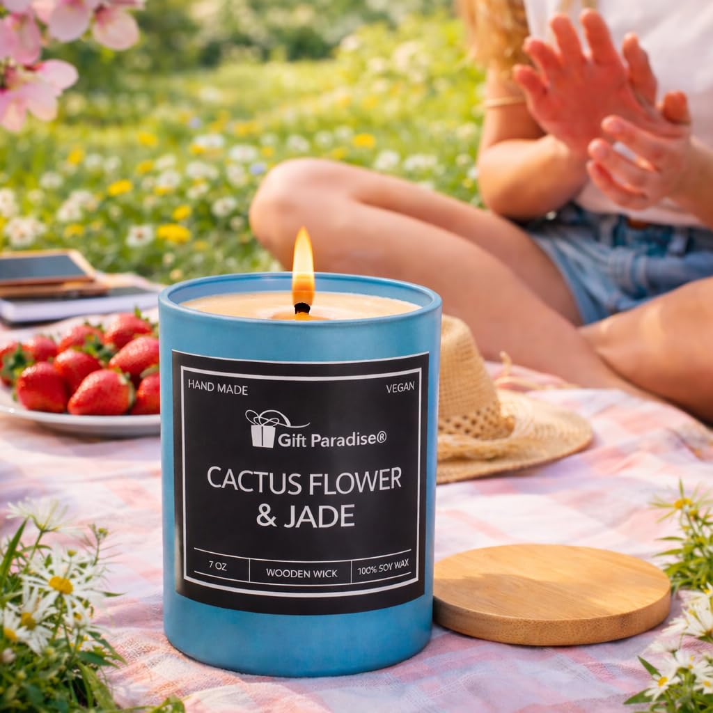 Gift Paradise® Cactus Flower & Jade Candle, 7 oz Soy Wax Candle, Wooden Wick, Fresh Floral Green Scent, Aromatherapy Candle for Relaxation, Luxury Gift for Women & Men, Spring Summer Home Fragrance