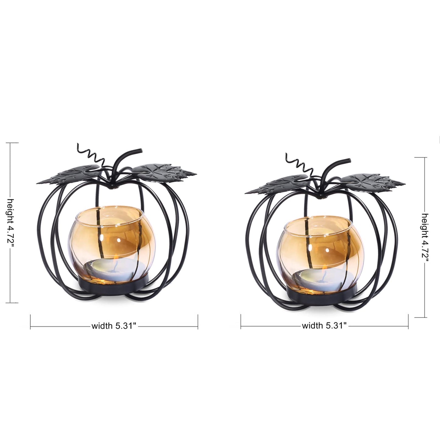 Pumpkin Glass Votive Candle Holder, Set of 2, Decorative Matte Black Iron Tea Light Candle Holder for Home Décor, Thanksgiving Decoration, Halloween Table Decor