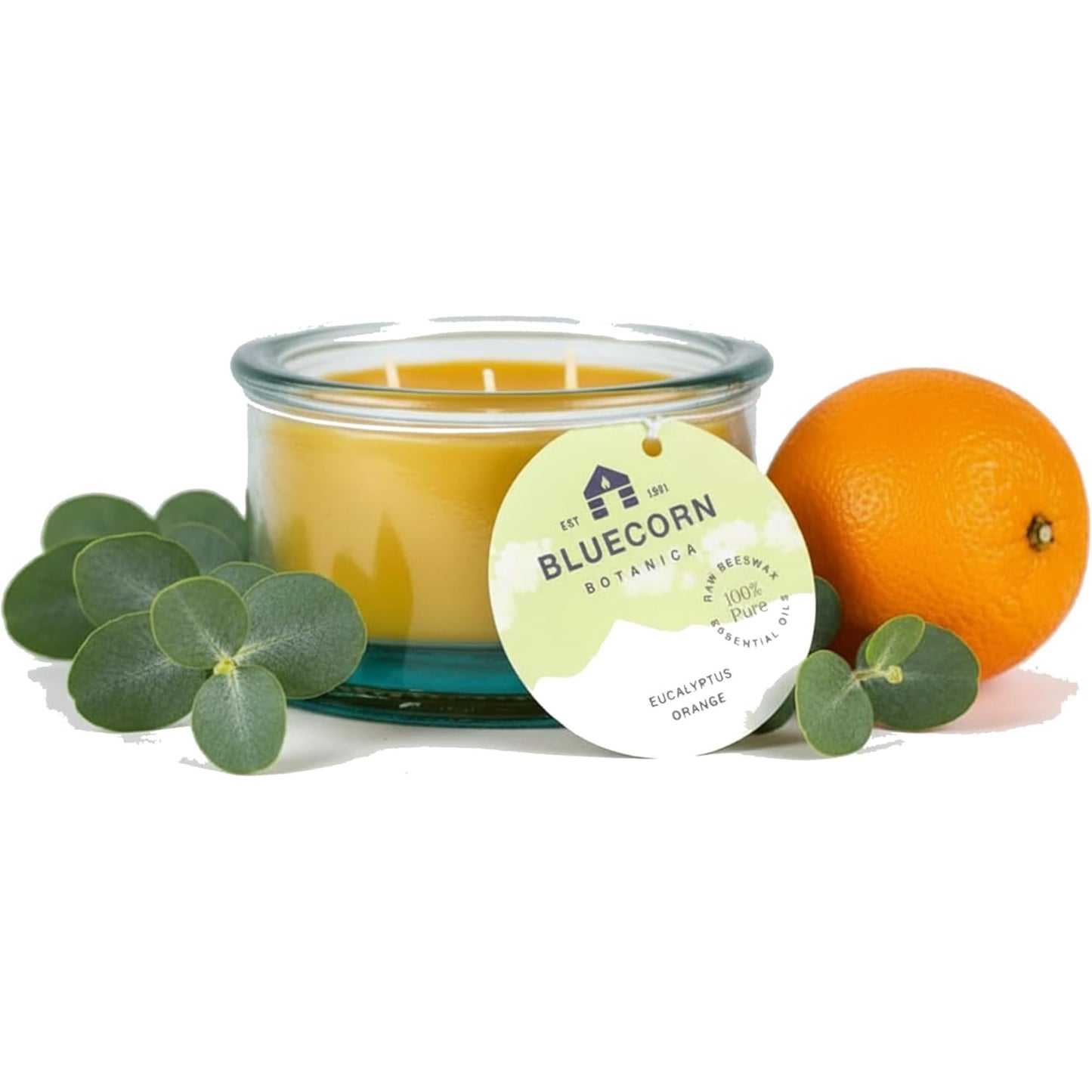 Bluecorn Botanica Beeswax 3-Wick Candle – Eucalyptus & Orange, 100% Pure Beeswax & Essential Oils – 10oz Hand-Blown Recycled Spanish Glass – Non Toxic, Clean Burning, Refillable Glass Jar