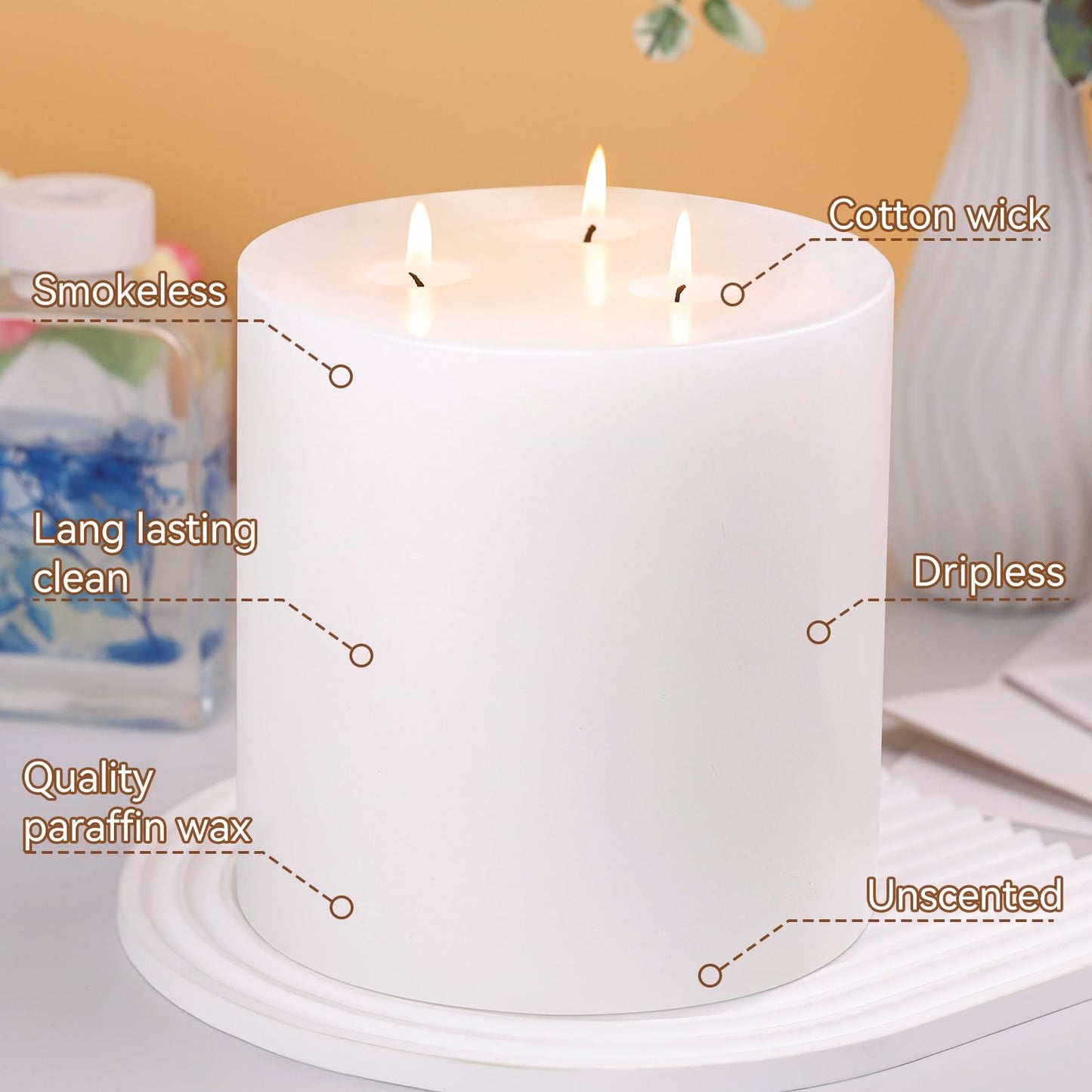 Extra Large Pillar Candles 3 Wick Unscented White Candles Emergency Pillar Candle 175 Hours Long Burning Candle 6" x 6" Dripless Smokeless Dinner Candles for Home Party Wedding