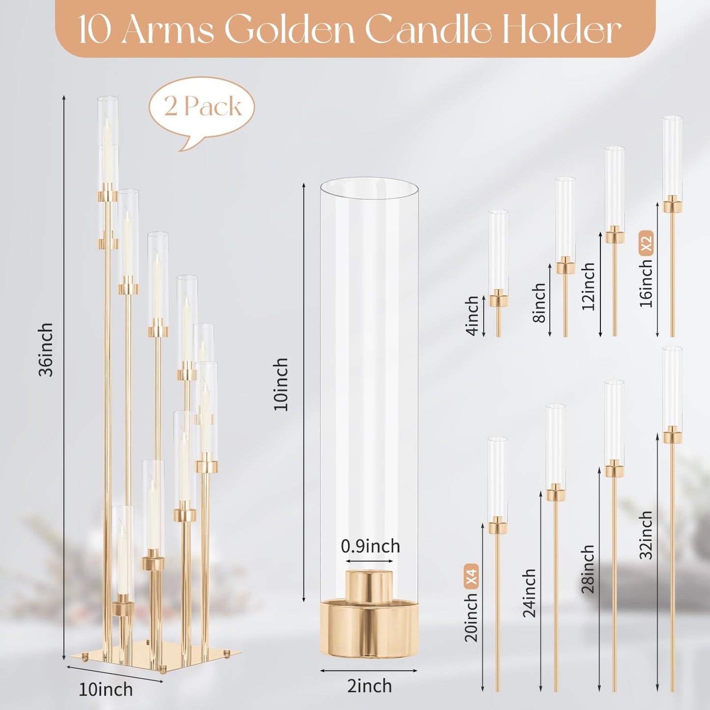 2 Sets 10Arm Gold Candelabra,Candle Holder with Clear Acrylic lampshades Fit Flameless or Wax,40'' High Large Floor Candelabra Centerpiece for Wedding Aisle Ceremony Reception Event Decoration