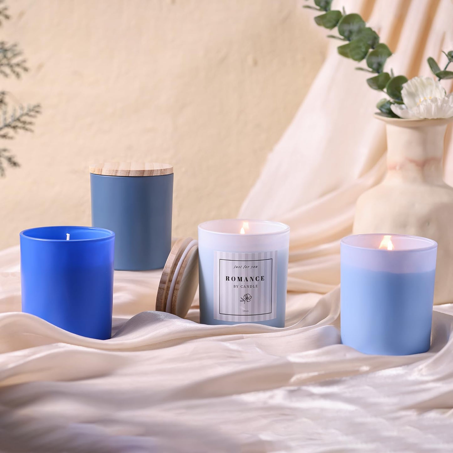 REISEN 12Pcs Assorted Blue Candle Jars, 10oz Glass Candle Containers for DIY Gifts and Storage, Frosted Blue Glass Jars with Bamboo Lids and Labels