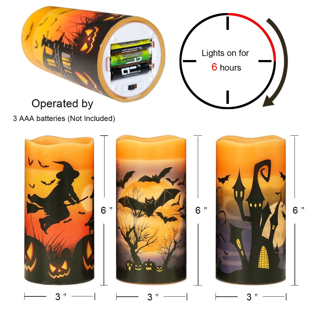 Eldnacele Halloween Flameless Flickering LED Candles with 6-Hour Timer, Battery Operated Wax Candles Assorted Decals Witch, Bats, Castle Set of 3 for Decoration