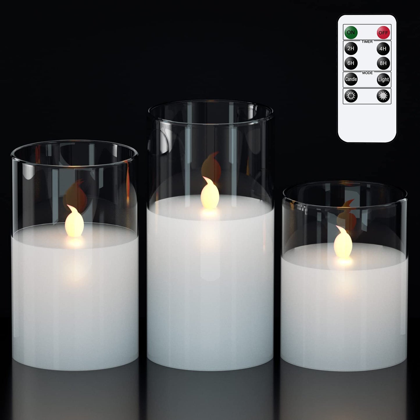 GenSwin Clear Glass Battery Operated Flameless Led Candles with 10-Key Remote and Timer, Real Wax Candles Warm White Flickering Light for Home Decoration(Set of 3)