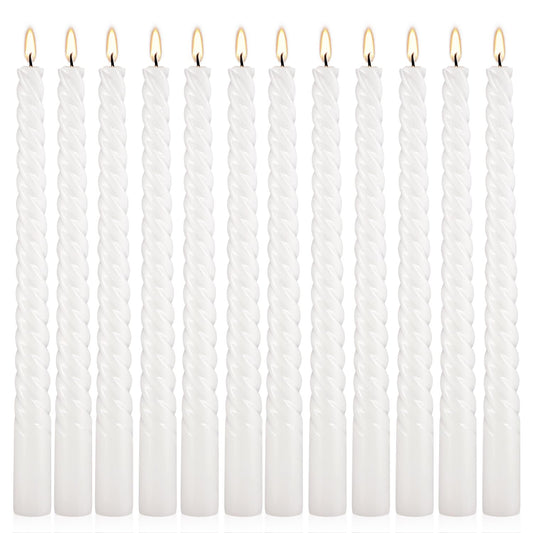 WPONSZU 10 Inch White Spiral Taper Candle Set of 12 Pack Unscented Dripless Candlesticks for Valentine's Day,Dinner,Party,Brithday,Wedding,Christmas,and Home Decoration