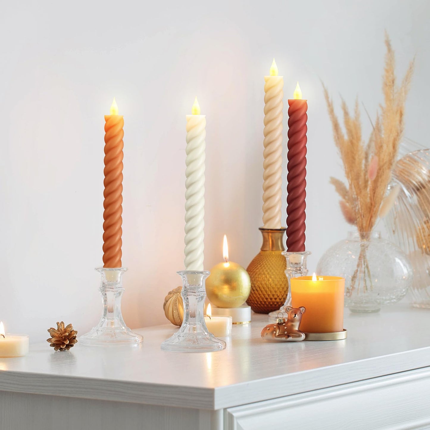 Baquler 6 Pcs Fall Flameless Taper Candle Twisted LED 9.65 Inch Fall Taper Candles Battery Operated Twisted Candlesticks for Thanksgiving Harvest Wedding Birthday Home Party Dinner Fireplace Decor