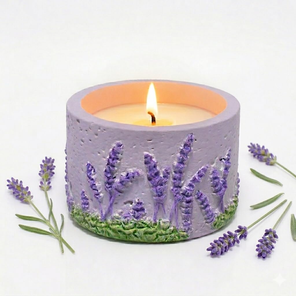 ZAWUU Lavender Scented Candle - 3D Floral Relief Decorative Soy Wax Candle with Built-in Iron Pad for Tabletop Heat Protection - Smokeless Aromatherapy for Stress Relief - Purple Home Office Decor
