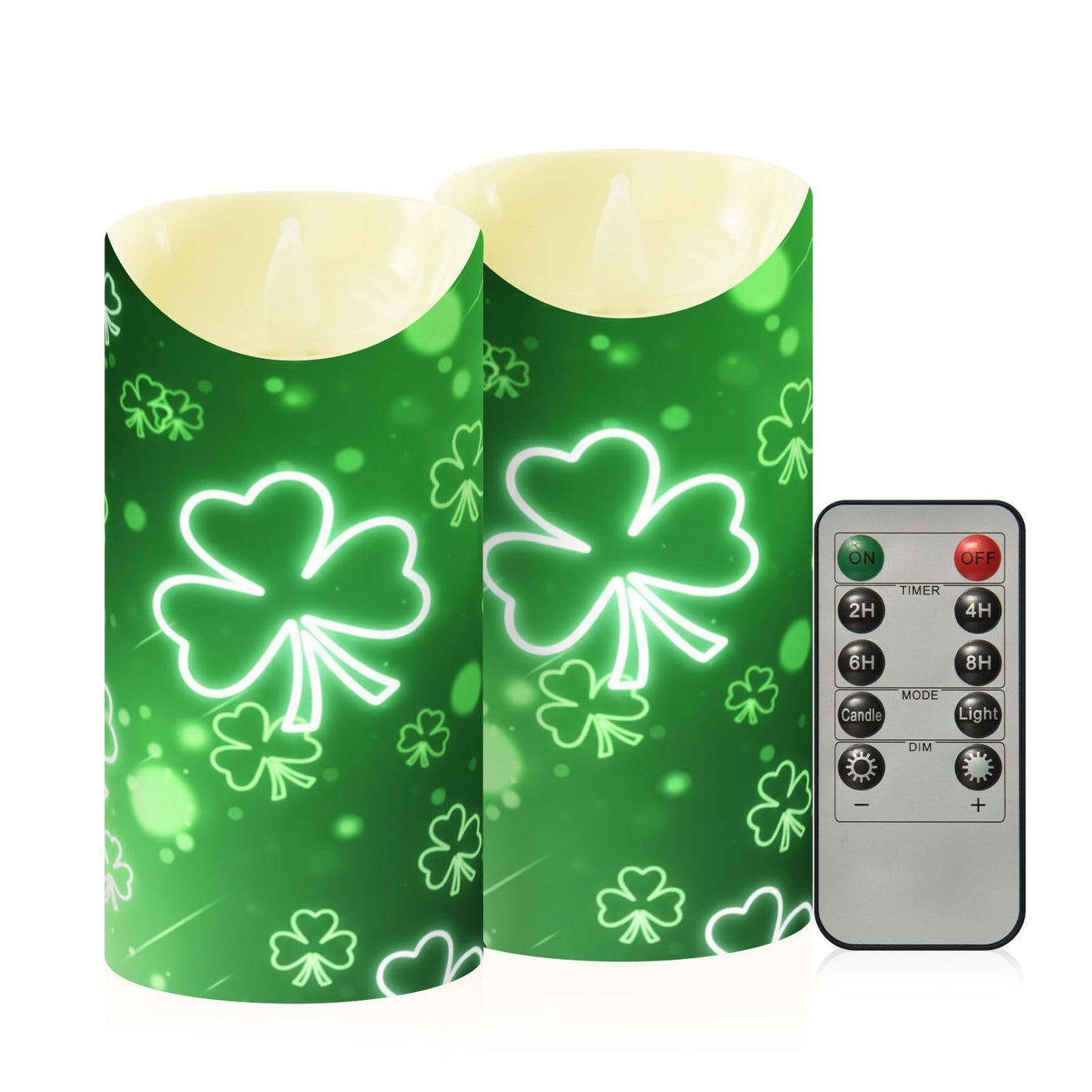 St. Patrick's Day Flameless Candles Set of 2 Green Clover Shamrock G Realistic LED Candles with Remote Battery Operated Holiday Decorations