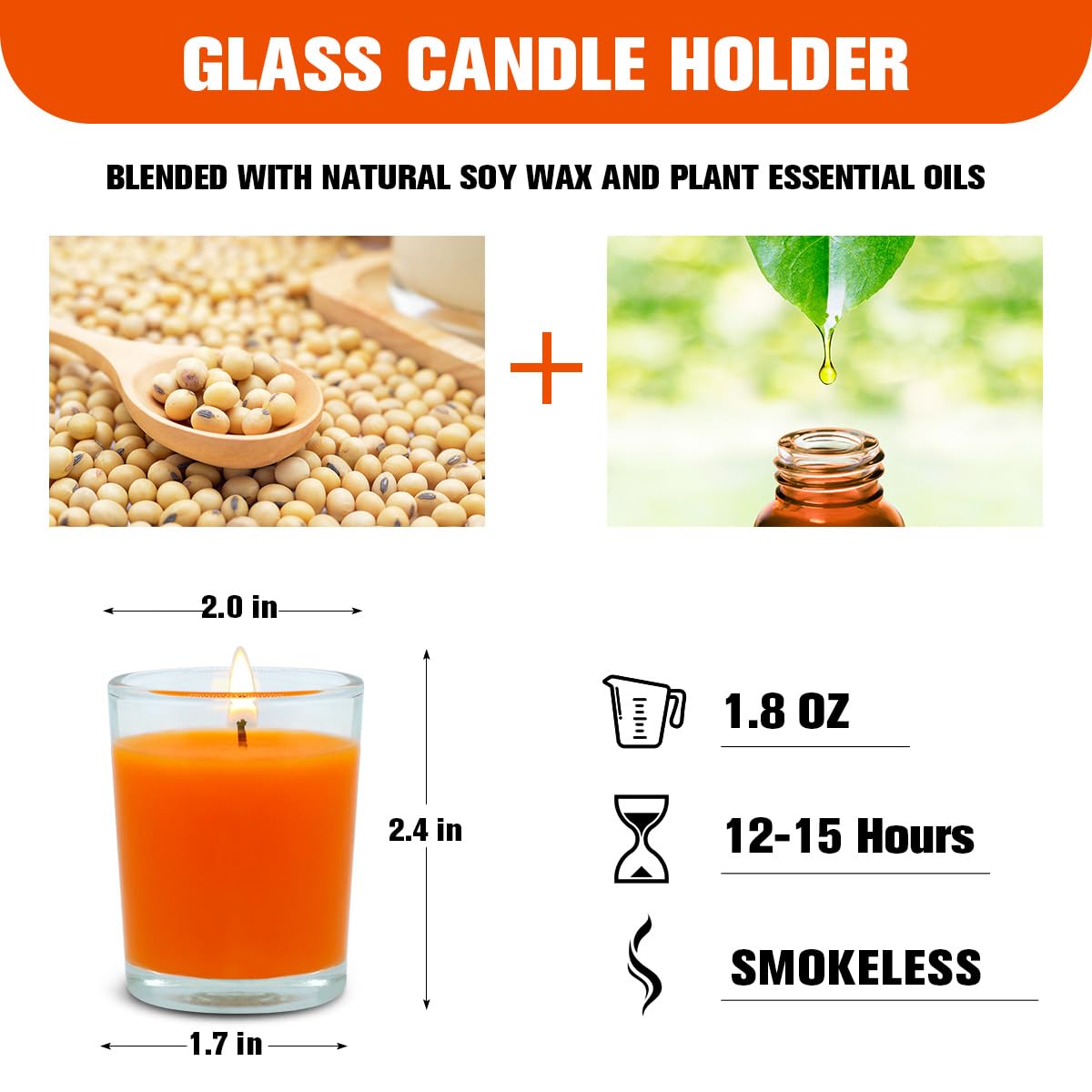 6 Pack Unscented Orange Votive Candles in Glass, 2 Inch Natural Soy Wax Scentless Fall Harvest Autumn Candles for Halloween Thanksgiving Wedding Party Home Holiday Relaxation, 12-15 Hour Burning Time