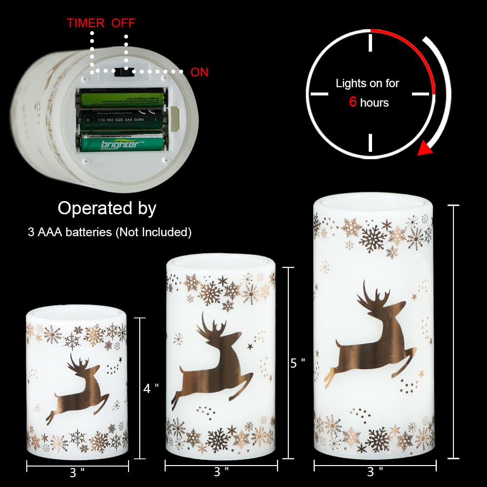 Lasumora Christmas Flameless Candles with 6H Timer, Real Wax LED Pillar Candles Flickering, Snowflake Golden Reindeer 3D Wick Candles for Home Décor Christmas Gifts, 3x4/5/6 inches
