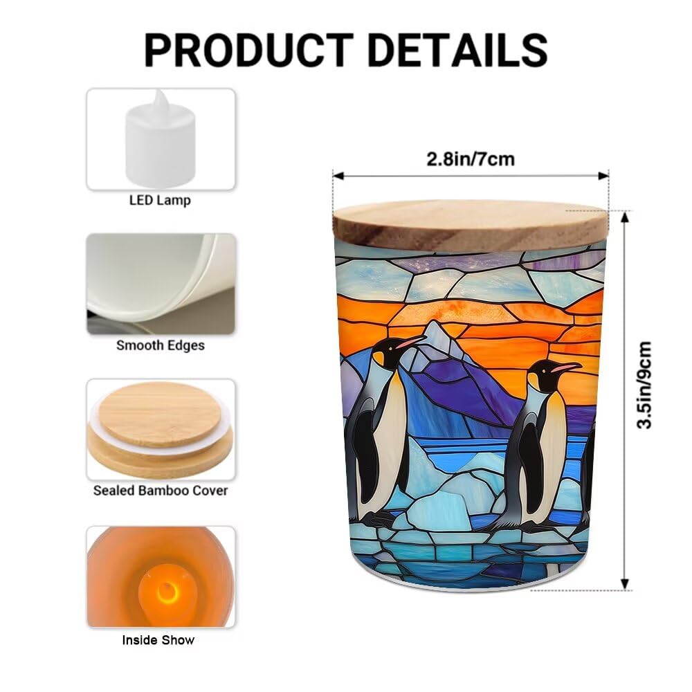 Stained Glass Penguin Tea Light Candle Holders, Arctic Scene Tealight Candle Holder Jar with Wooden Lid, Votive Candlesticks for Table Centerpieces, Christmas,Birthday Party,Home Decor