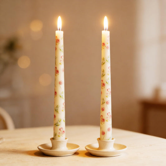 10 Inch Rose Printed Ivory Taper Candles, 2 Pack Smokeless Dripless Candles, Unscented Long Burning for Mother's Day, Wedding Dinner Party, Home Decor
