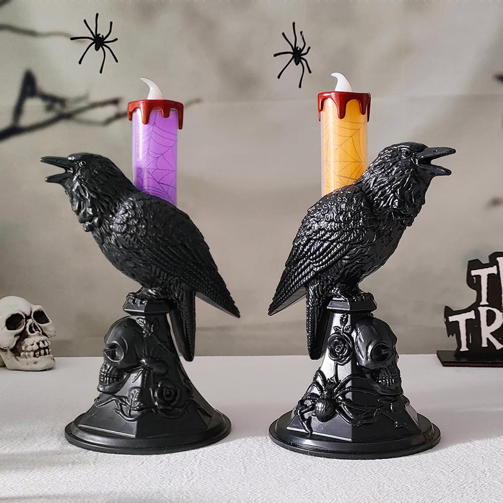 2Pack/Set LED Raven Halloween Flameless Candles, Black Crow Skull Statue Candlestick, Purple and Orange Glowing Light Flickering Candle Holder Halloween Table Lamp Scary Ornaments Home Decorations