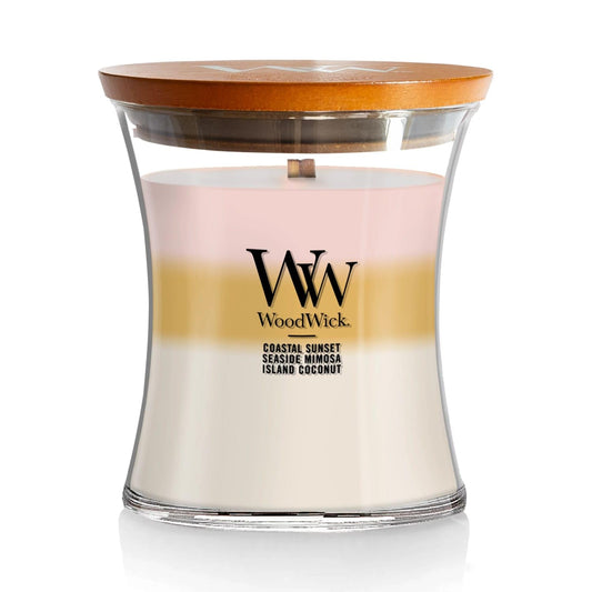WoodWick Island Getaway Trilogy Gifts for Women and Men, 9.7 oz Medium Hourglass Trilogy Candle with Crackling Wick
