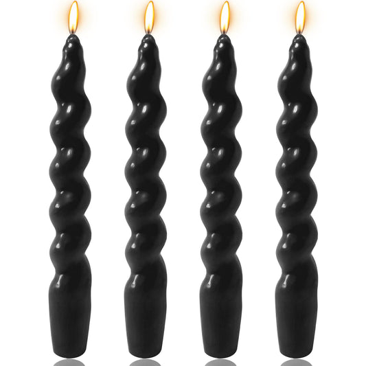 4 Pack 7 Inch Black Spiral Taper Candles, Unscented Dripless Twisted Fat Candlesticks for Home Décor Party Halloween Celebrations