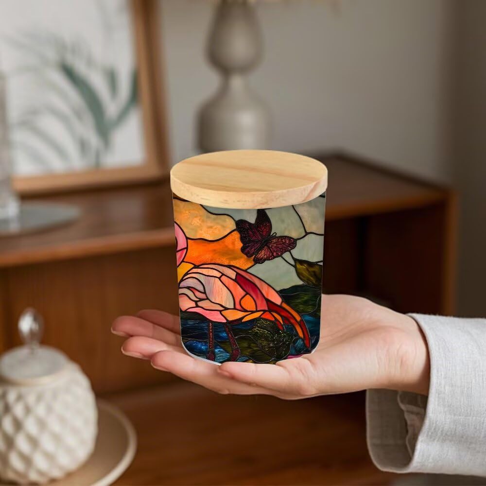 Stained Glass Flamingos Tea Light Candle Holders, Beach Butterfly Tealight Candle Holder Jar with Wooden Lid, Votive Candlesticks for Table Centerpieces, Christmas,Birthday Party,Home Decor