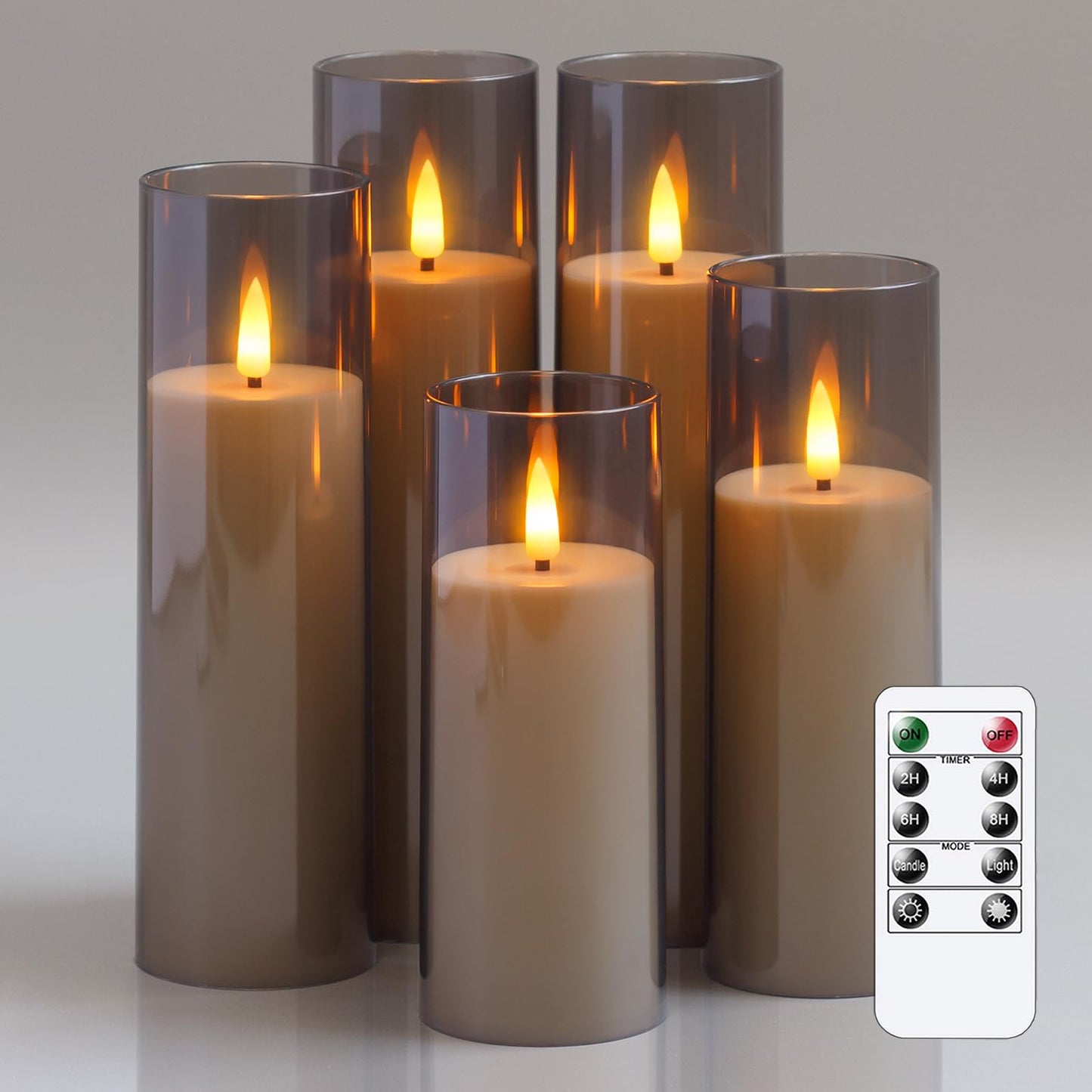 Yeelida Acrylic Flameless Flickering Candles with Remote Control and Timer, Battery Operated LED Fake 2.2" x 5",6",7",8",8" Plastic Pillar Candles for Home Decor(Long-Lasting, Grey)