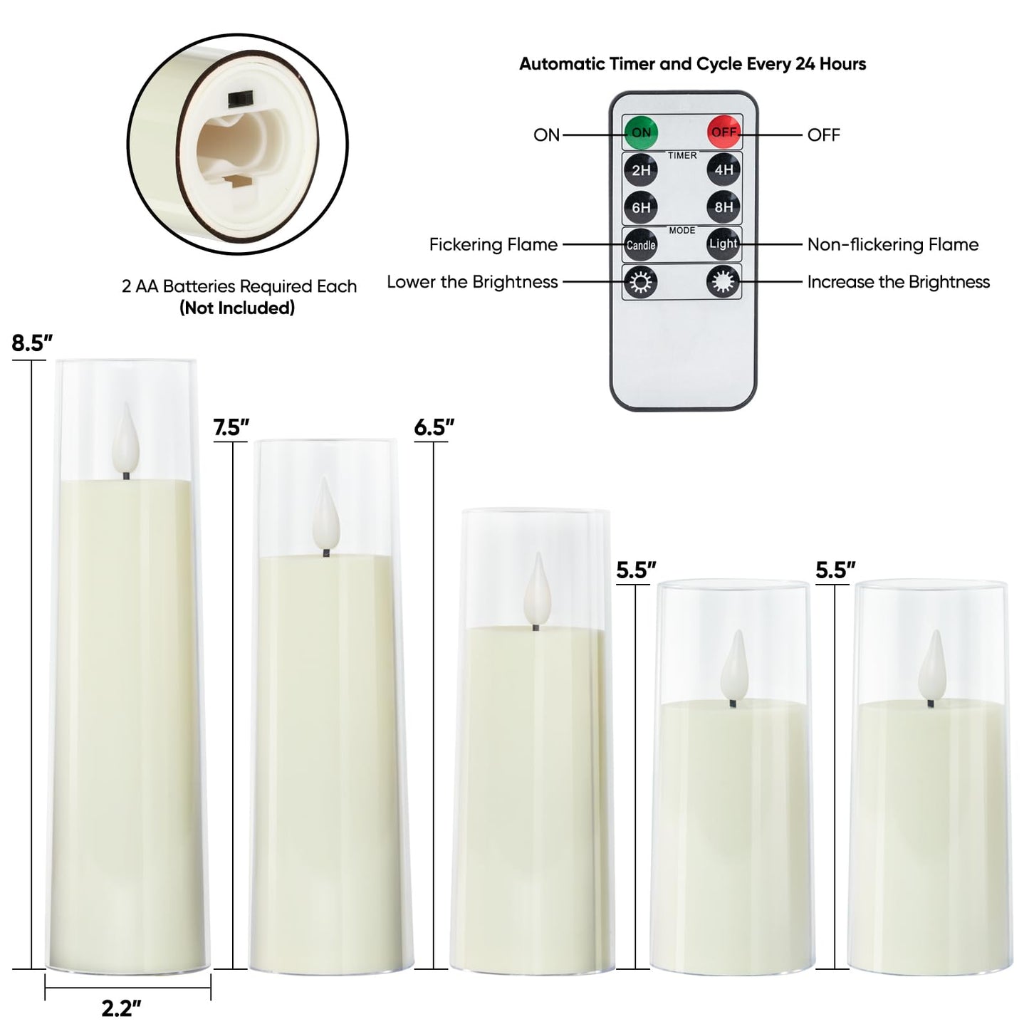 Amagic Flameless Candles Battery Operated, LED Candles with Remote and Timer, Acrylic Plexiglass Flickering Fake Candle for Wedding, Home Decor, Ivory White, Set of 5, D2.2 x H5 5" 6" 7" 8"