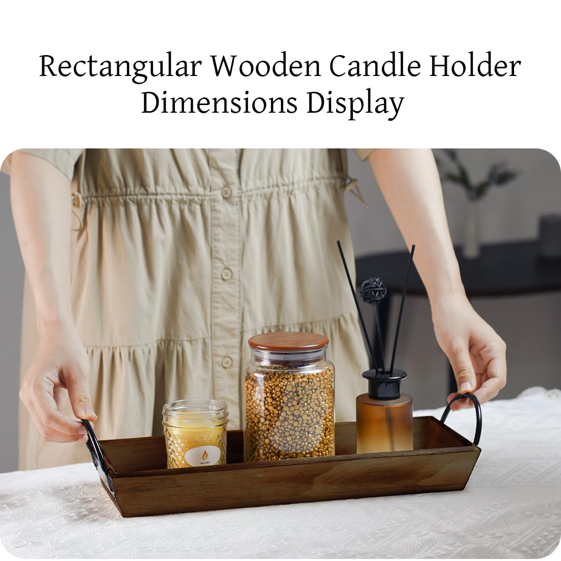 Aglary Wooden Candle Tray, Pillar Candle Holder with Black Metal Handles, Rectangular Centerpiece for Rustic Dining Table,Home Decor Accessories for Kitchen Counter，Coffee Table, Fireplace