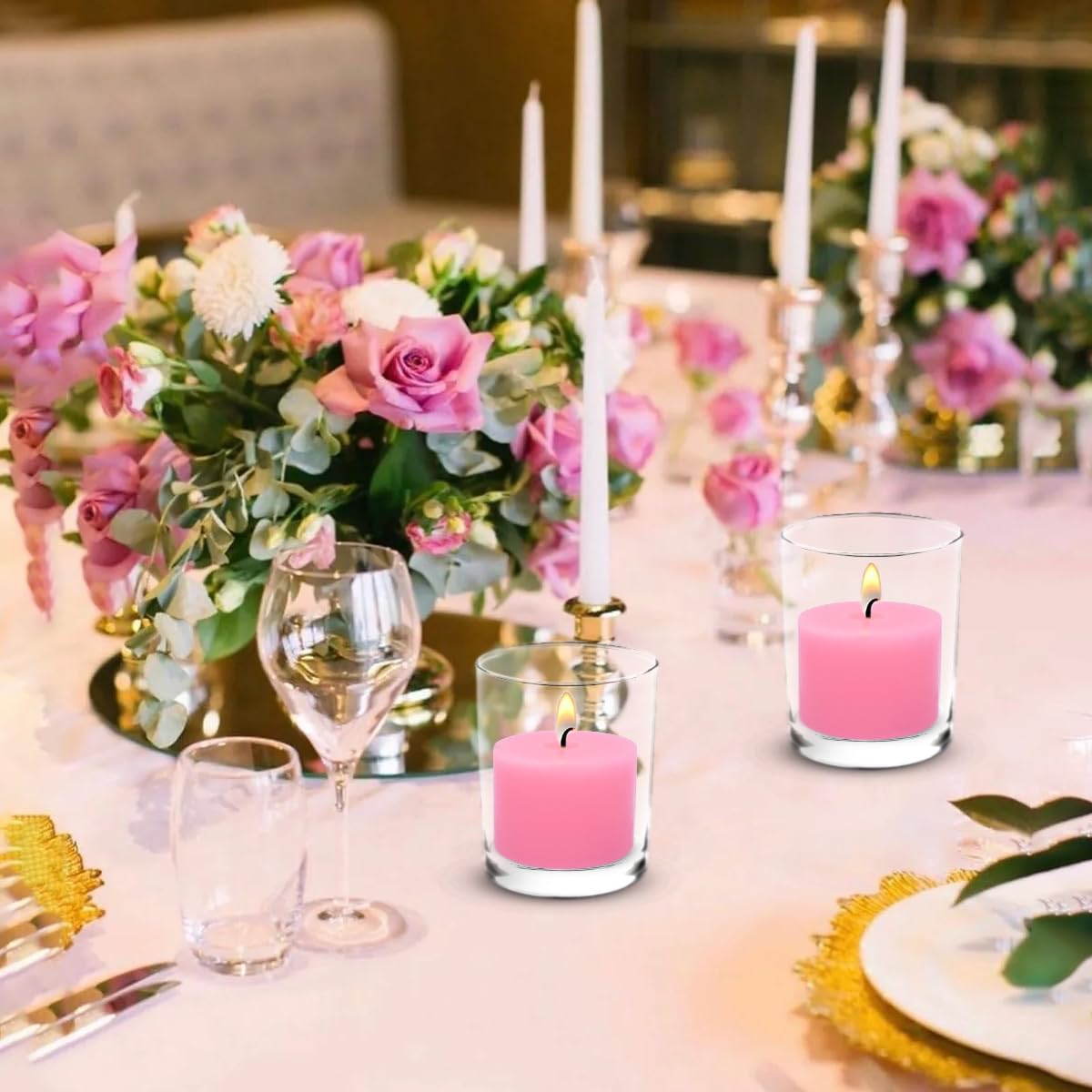 9 Packs Pink Votive Candles, Small Unscented 1.5 Inch Diameter Wax Candles for Christmas Valentine's Day Wedding, Party, Table Holiday & Home Decoration - 8 Hours Burn Time (1.5" W x 1.25" H)