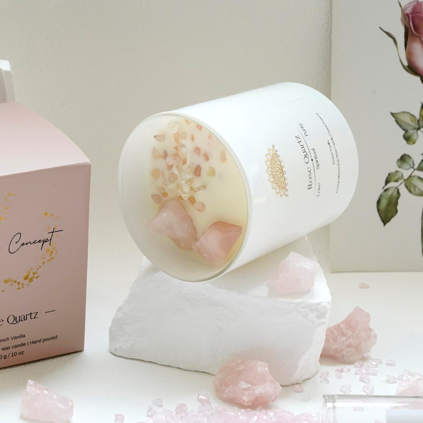 Ava Concept Rose Quartz Crystal Candle – 10oz / 280g | French Vanilla Aromatherapy | Hand-Poured Soy Wax | Genuine Rose Quartz Healing Crystals Embedded | Love, Spiritual & Purity | Gift Box Included
