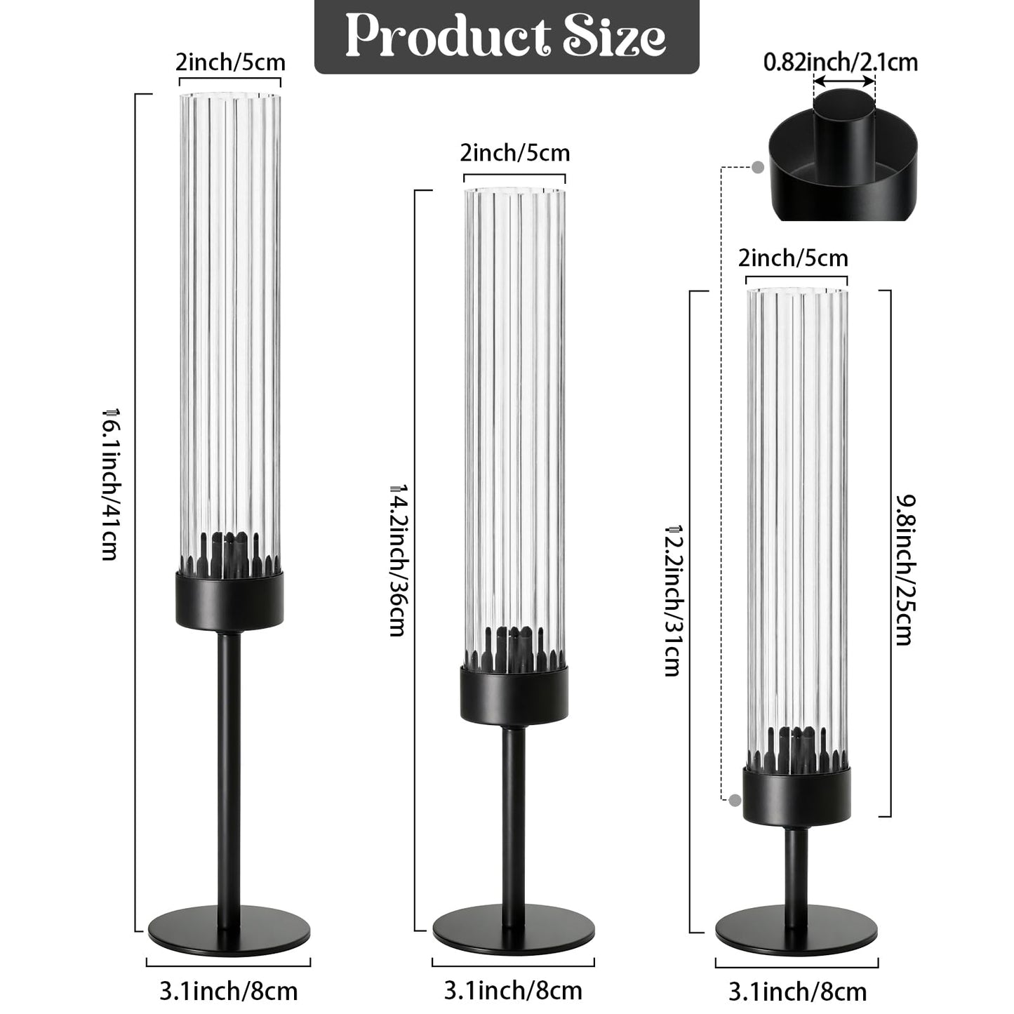 Metal & Acrylic Taper Candle Holders Set of 3 with Ribbed Design - Hurricane Clear Cylinder Candelabra for Wedding, Christmas, Party, Dining Table Centerpiece Decor (Black, Set of 3)