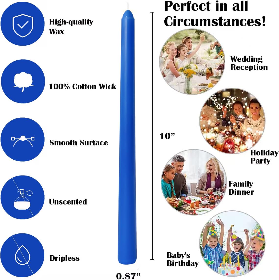 12-Pack Royal-Blue Taper Candles, 10 Inch Unscented Dripless Candlesticks, Long-Lasting Burn Time of 7-8 Hours, Perfect for Home Décor Dinner Party Meditation