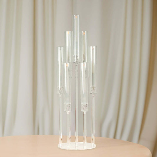 Efavormart 7 Arm Clear Acrylic Cluster Round Taper Candle Holder Candelabra, Pillar Candle Stick Stand with Circular Base - 33" Tall