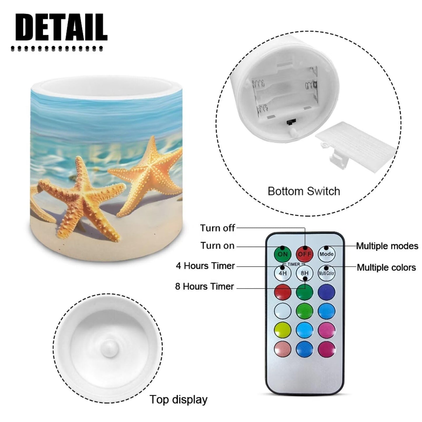 NETILGEN Flameless Candles Set of 4 Blue Beach Starfish Print Home Party Decor Realistic Flickering Flameless Candles with Timer Remote Control Battery Powered LED Candles