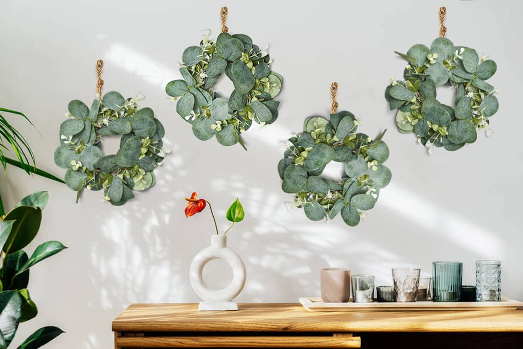 IWNTWY 6Pcs Candle Rings, Artificial Eucalyptus Wreath Candles Wreaths, Small Greenery Farmhouse Wreath for Door Wedding Centerpieces Home Party Table Decor, 4" ID / 9.8" OD