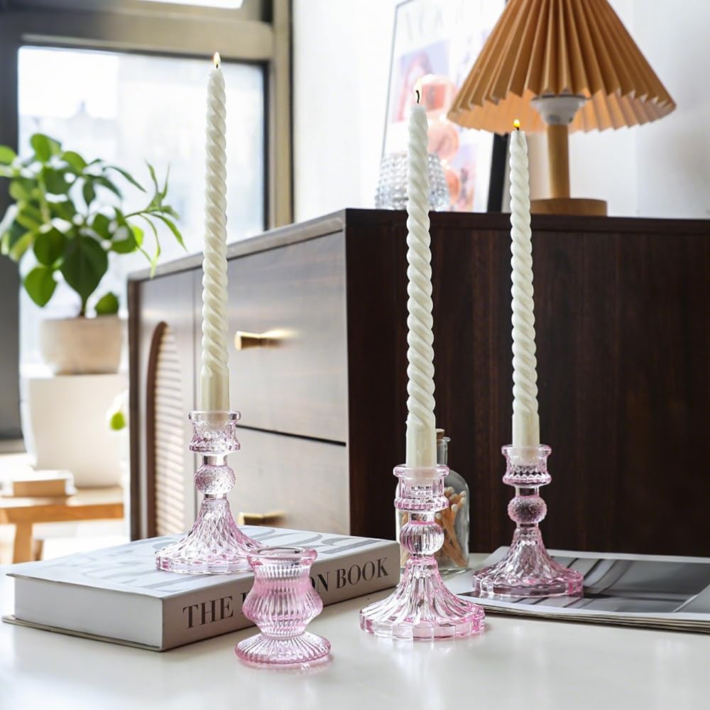 Glass Candlestick Holders Set of 6, Taper Candle Holder for Wedding Festival Christmas Party Valentine's Decor, Table Centerpieces (Pink)
