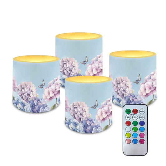 NETILGEN 4 Pcs Flameless Candles with Remote Timer Control Color Changing Battery Operated LED Pillar Flickering Candles for Home Decor Hydrangea Flower Butterfly