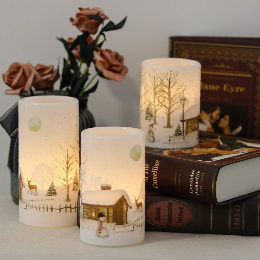 Eldnacele Snowman Christmas Deco Flameless Flickering Candles with Automatical Daily Cycle Timer, White Battery-Operated LED Pillar Candles Snowman Decals 3 Pack (D3” x H 4” 5” 6”)