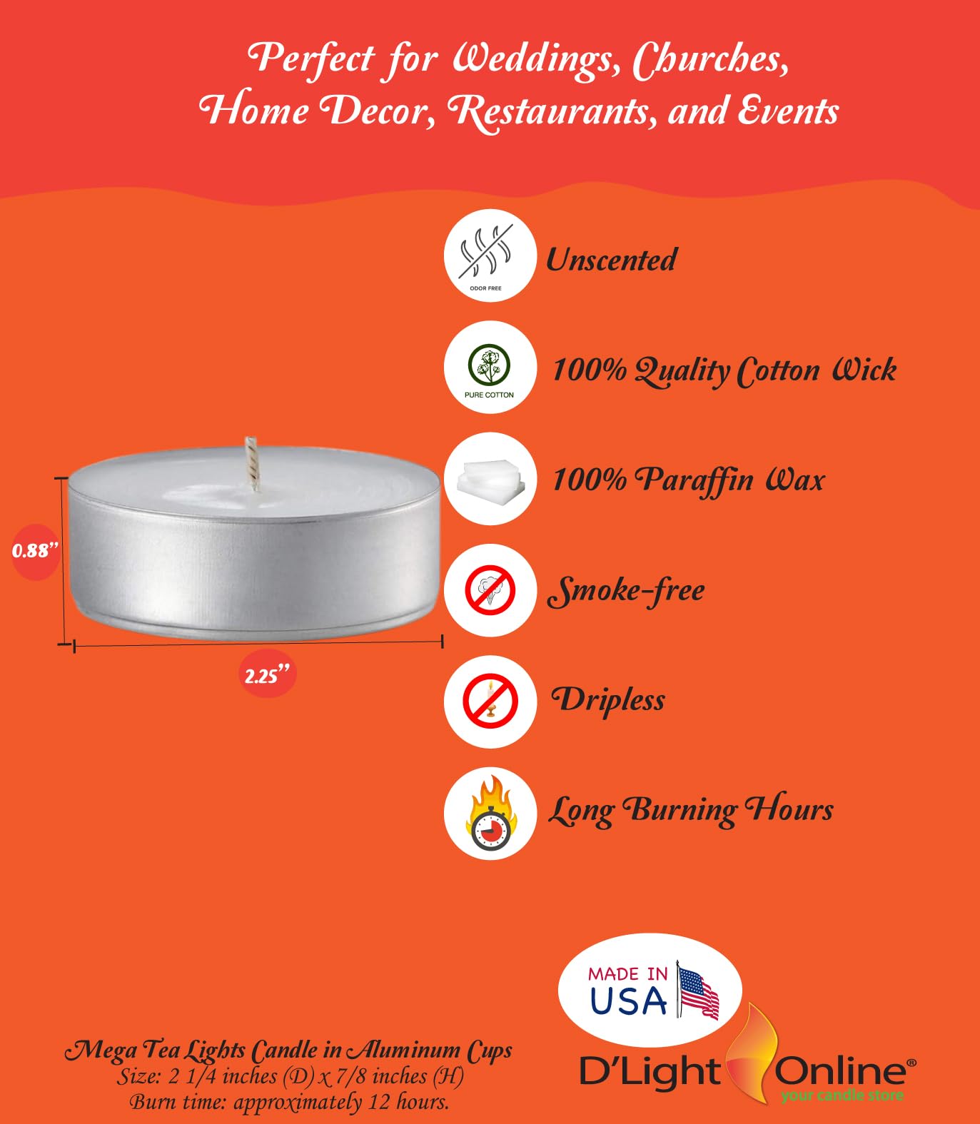 Premium Unscented 12 Hour Oversize Mega Tea Lights Candle in Aluminum Cups for Home Décor, Wedding Receptions, Romantic Dinner, Restaurants, Spa, Hotels, Holiday Decorations and Ambience - Set of 240