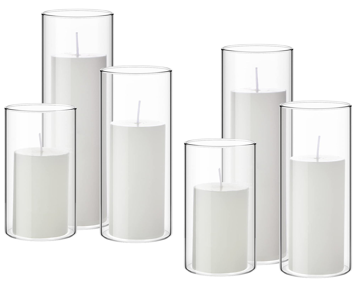 Shihanee Set of 6 Pillar Candles with Glass Cylinder Vases Clear Cylinder Hurricane Candleholders for Slim Tall Pillar Candles Wedding Table Centerpieces(2.6'' X 4.7'', 5.9'', 7.9'',White)