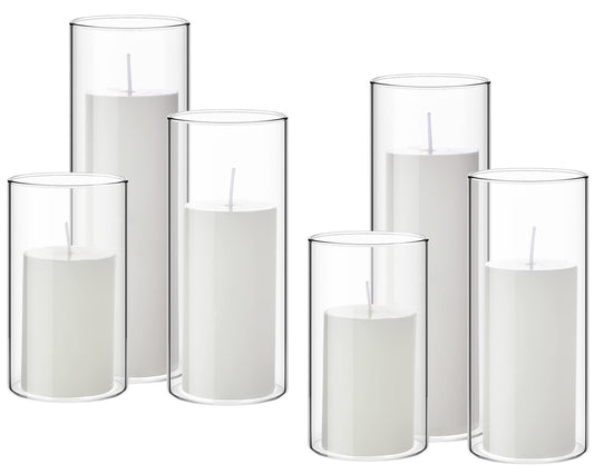 Shihanee Set of 6 Pillar Candles with Glass Cylinder Vases Clear Cylinder Hurricane Candleholders for Slim Tall Pillar Candles Wedding Table Centerpieces(2.6'' X 4.7'', 5.9'', 7.9'',White)