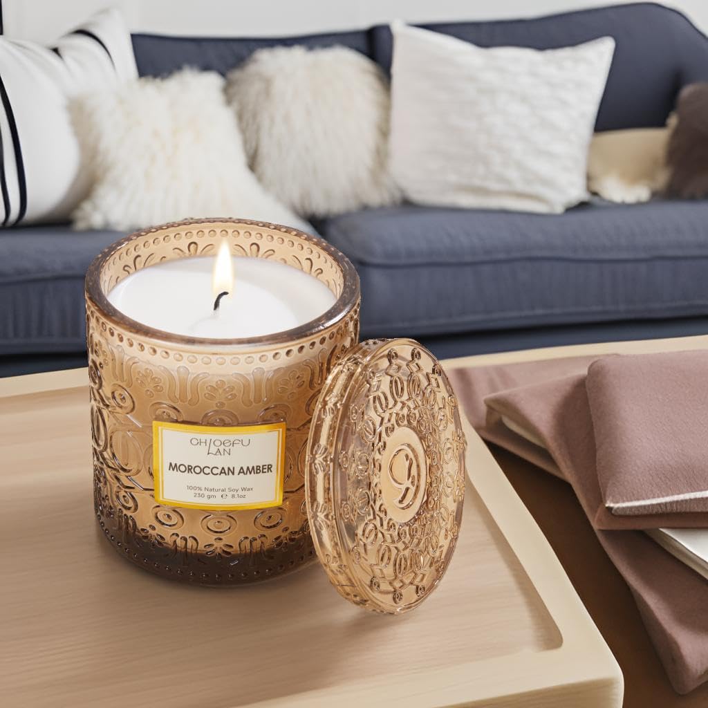 Chloefu LAN Amber Candles for Home Scented, Gifts for Women & Men, Luxury Glass Jar Candle, Natural Soy Wax, Home Decor, 55 Hours Long Burning, 8.1 oz