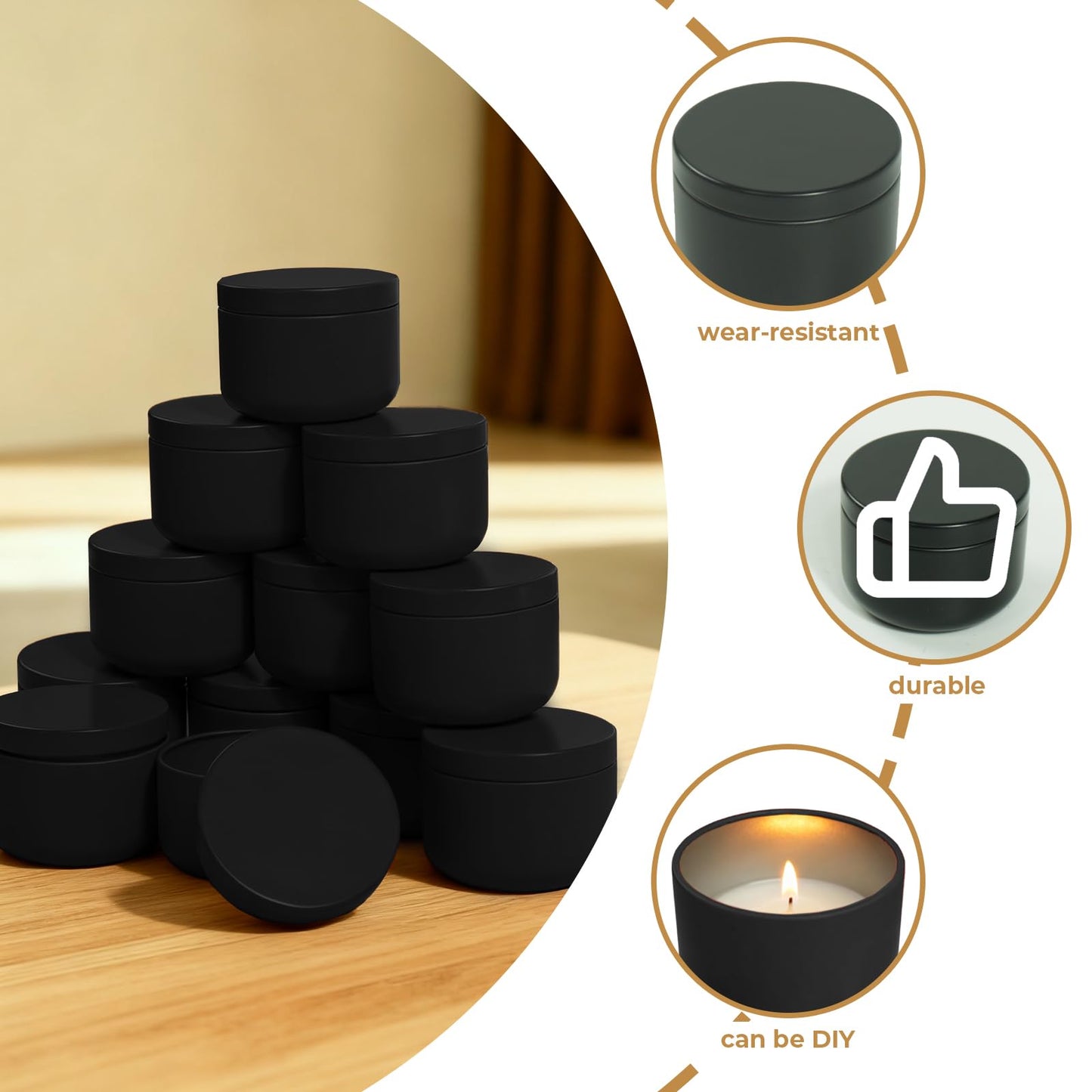 12Pack 3 oz Candle Tins with Lids,Round Metal Candle Jars for Candle Making,Bulk Empty Tins Containers for DIY Crafts Christmas Gifts Small Business Supplies–Airtight Storage Jars (Black)