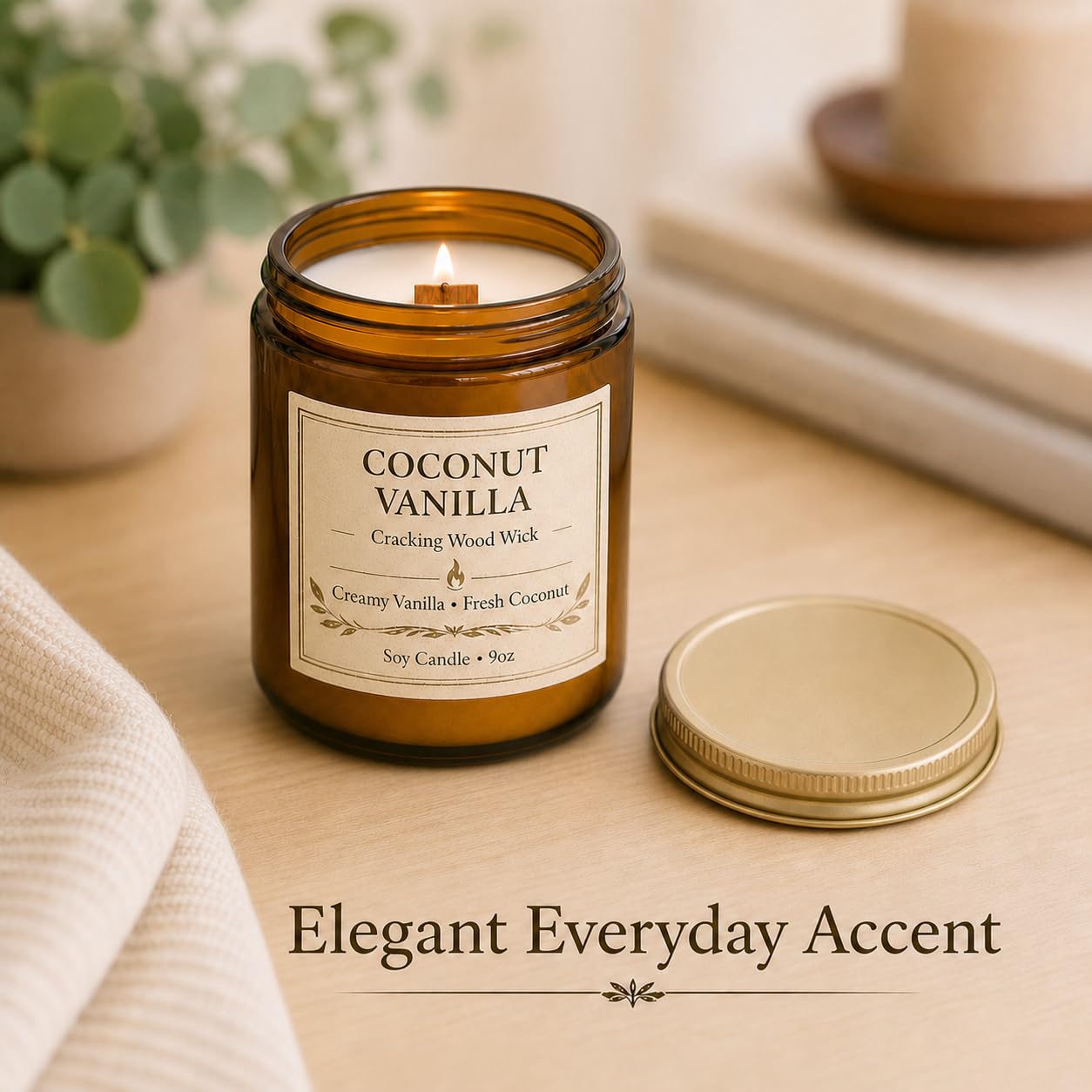 Coconut Vanilla Scented Candles for Home, 9oz Long Burning Soy Candles for Women, Wood Wick Natural Non Toxic Candle Jar, Aromatherapy Candle Gift for Home Bedroom Bathroom Office