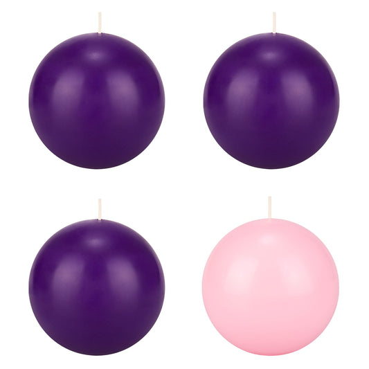 Mega Candles 4 pcs Unscented Christmas Advent Candles Set, Hand Poured Premium Wax Round Ball Candle 4 Inch Diameter, Holidays, Festivities, Devotional, Church, Wreath, Party, Gifts