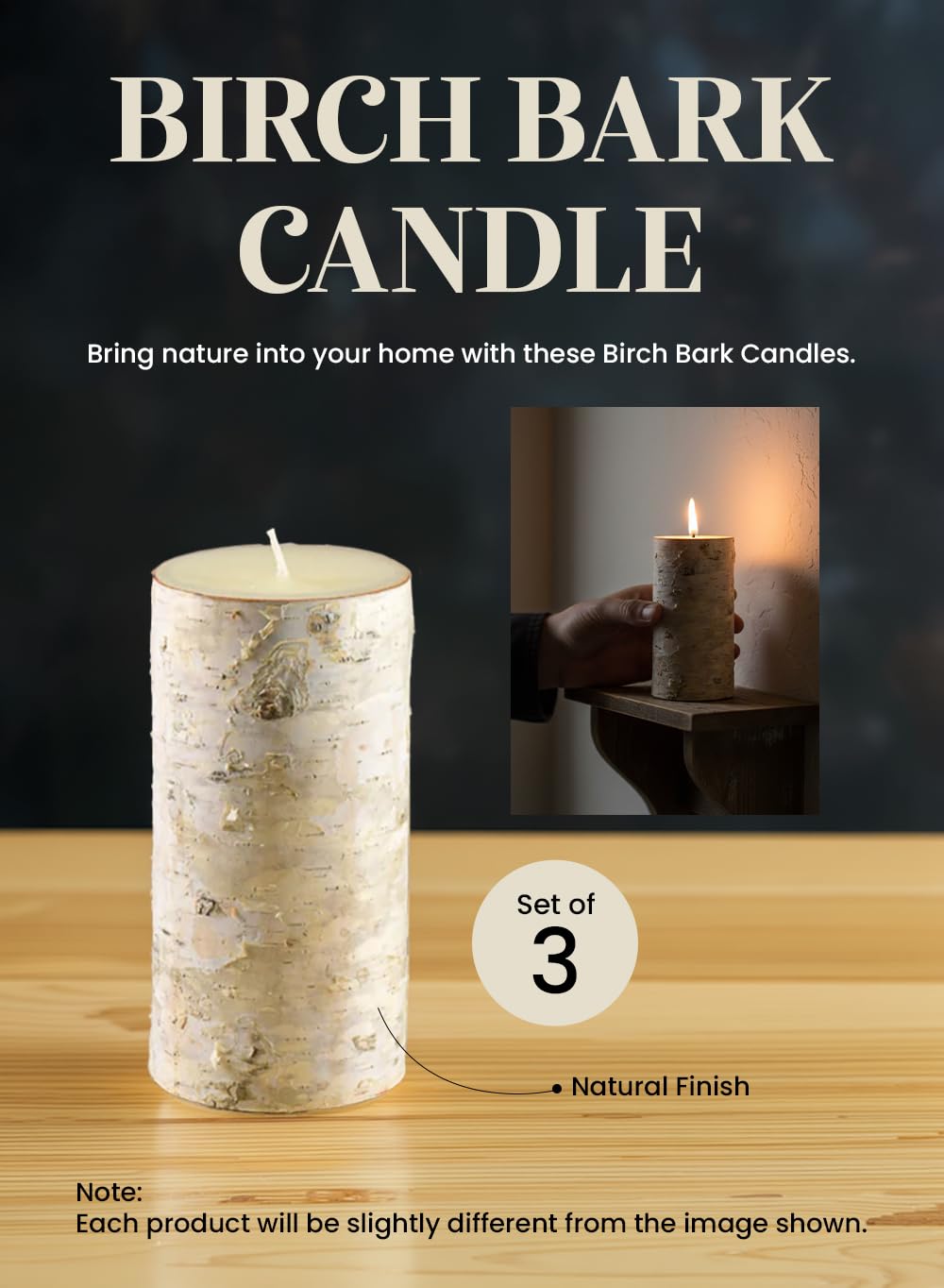 Serene Spaces Living Birch Bark Candle, Set of 3 Medium, Pillar Candle, Ideal for Weddings, Parties, Events, Restaurants, Home Decor, 3" Diameter & 5.75" Tall