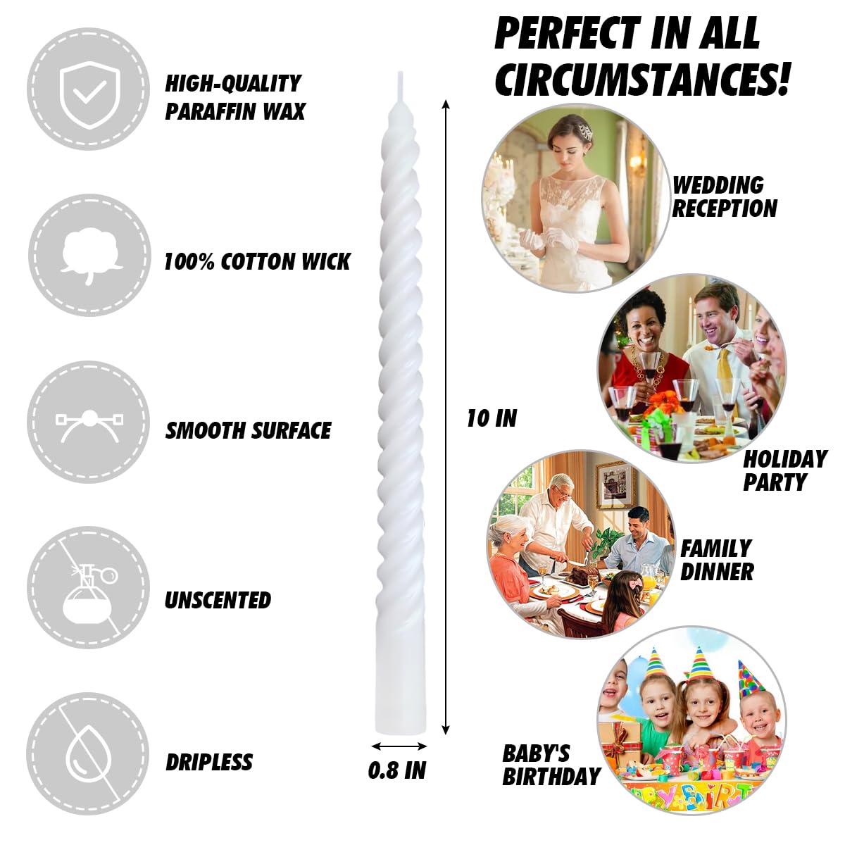 20 Pack 10 Inch White Spiral Taper Candles for Home Decor and Religious Ceremonies, Unscented Dripless Twisted Candlesticks for Weddings Dinner Holiday Decoration Formal Events