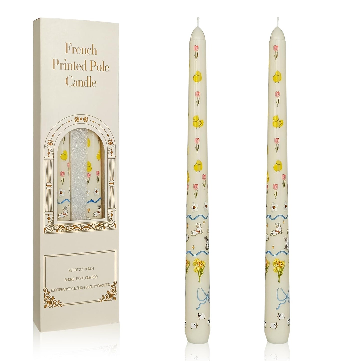 Floral Taper Candles 10 Inch Tall Unscented Handmade Beige Rabbit Print Long Burning Elegant Candlesticks for Wedding Dinner Home Decor