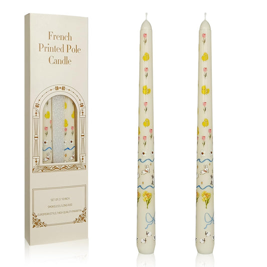Floral Taper Candles 10 Inch Tall Unscented Handmade Beige Rabbit Print Long Burning Elegant Candlesticks for Wedding Dinner Home Decor