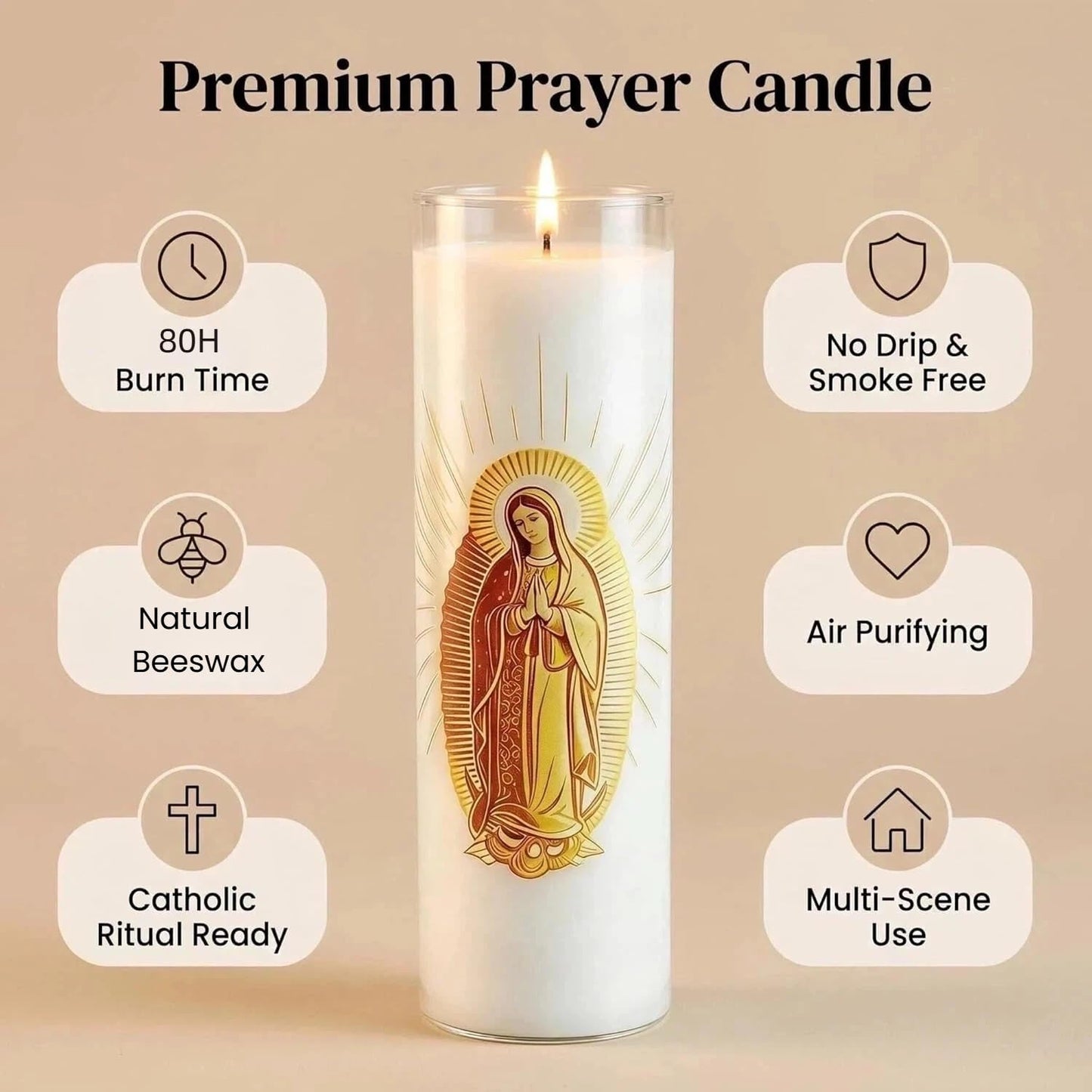 Virgen de Guadalupe Glass Beeswax Pillar Candle, 80-Hour Long Burning Smokeless Dripless Emergency Candle for Church, Prayer & Meditation, Christian Gifts for Women (Yellow, White)