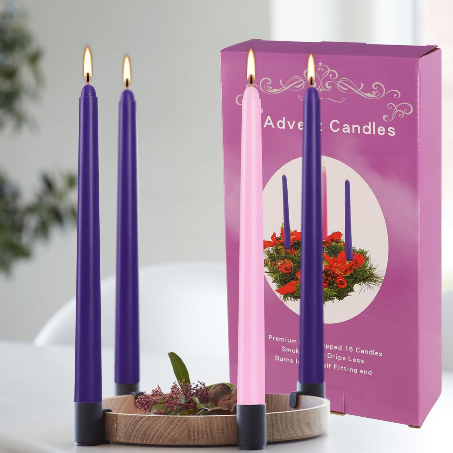 16pcs 10-inch Advent Taper Candles Unscented and Dripless for Christmas, Advent, Holidays, Church, Devotional, Celebration, Party (Purple, Pink)