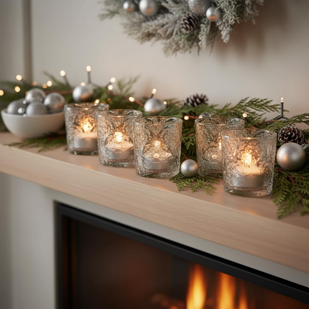 6 Pack Mandala Embossed Glass Candle Holders – Votive Tealight Holders with Patent Design, Decorative Embossed Glass Cups for Wedding Centerpieces, Parties, and Home Décor (Crystal Clear)