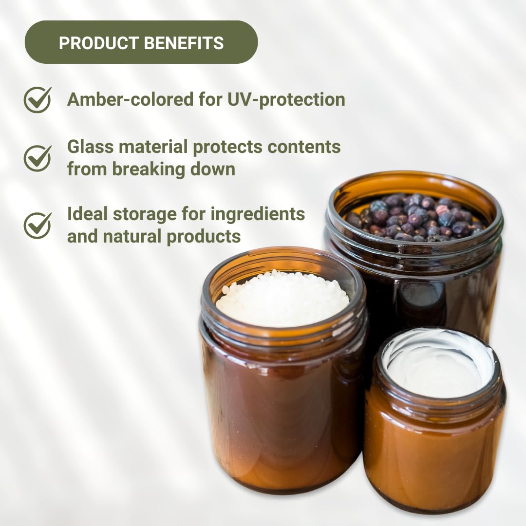 Nature Packaged Glass Amber 1oz Jar - 12 Packs, Lead-Free Empty Round Jars For Beauty Products, Lotion, and Powders - Black Lid - Small Candle Jars