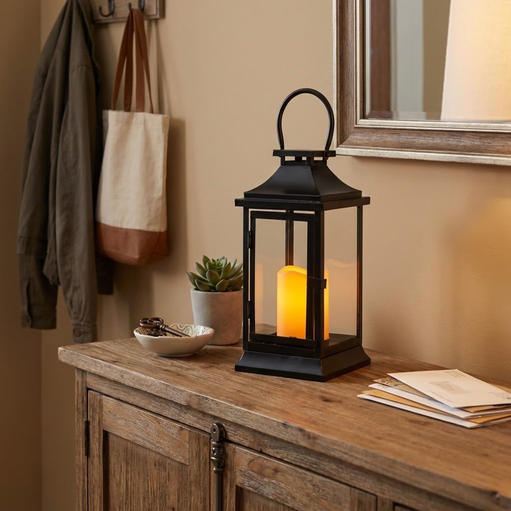 TRIROCKS Metal Candle Lantern 15'' High Decorative Outdoor Lantern Hanging Lantern with Timer LED Candle for Home Decor Living Room Parties Events Tabletop Indoors Outdoors (Black)
