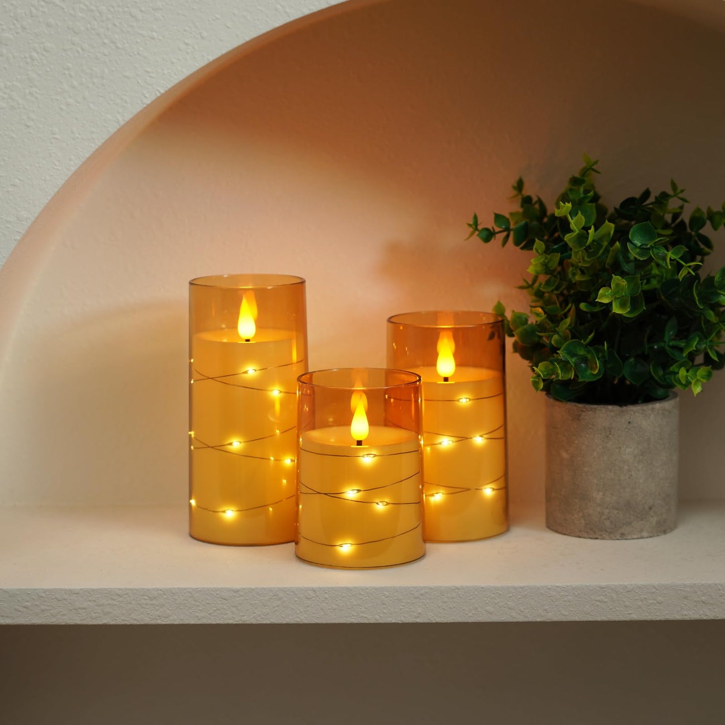 Amagic Flameless Candles 3 Set, Flickering Battery Operated Candles Embedded Fairy String Light, Realistic Pillar Candle with Remote Control and Timer, Acrylic Amber Gold, D3 x H4 5" 6"